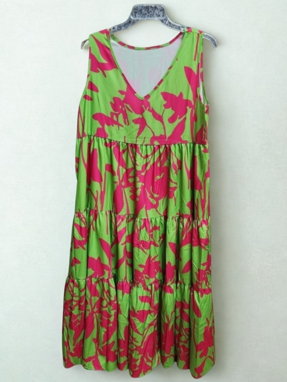 Pink and Green V-NeckFloral Maxi Dress Large